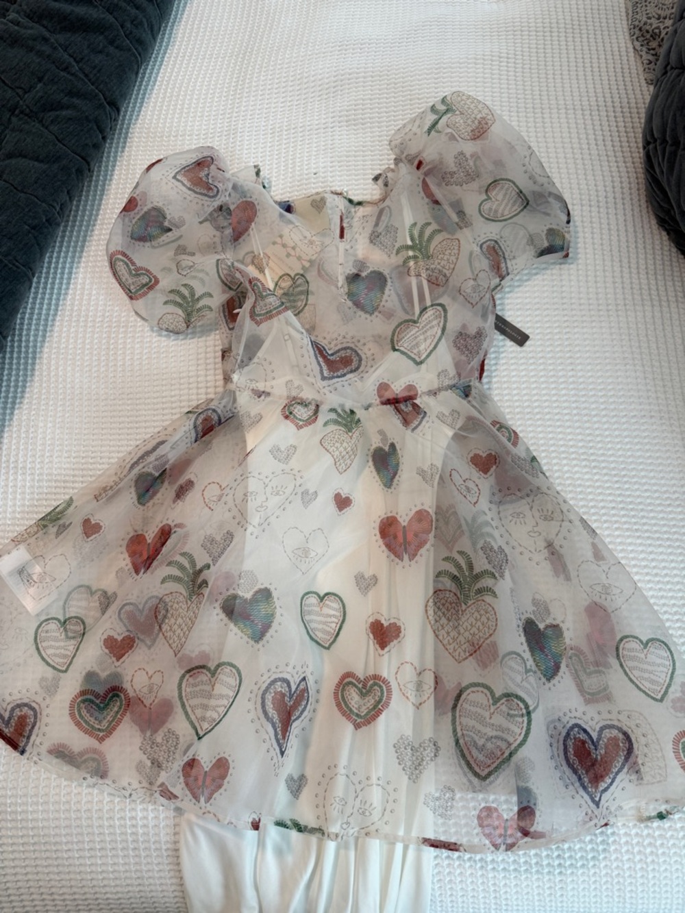 Farm Rio Women’s Heart Print Puff Sleeve Dress - White Sheer Layer